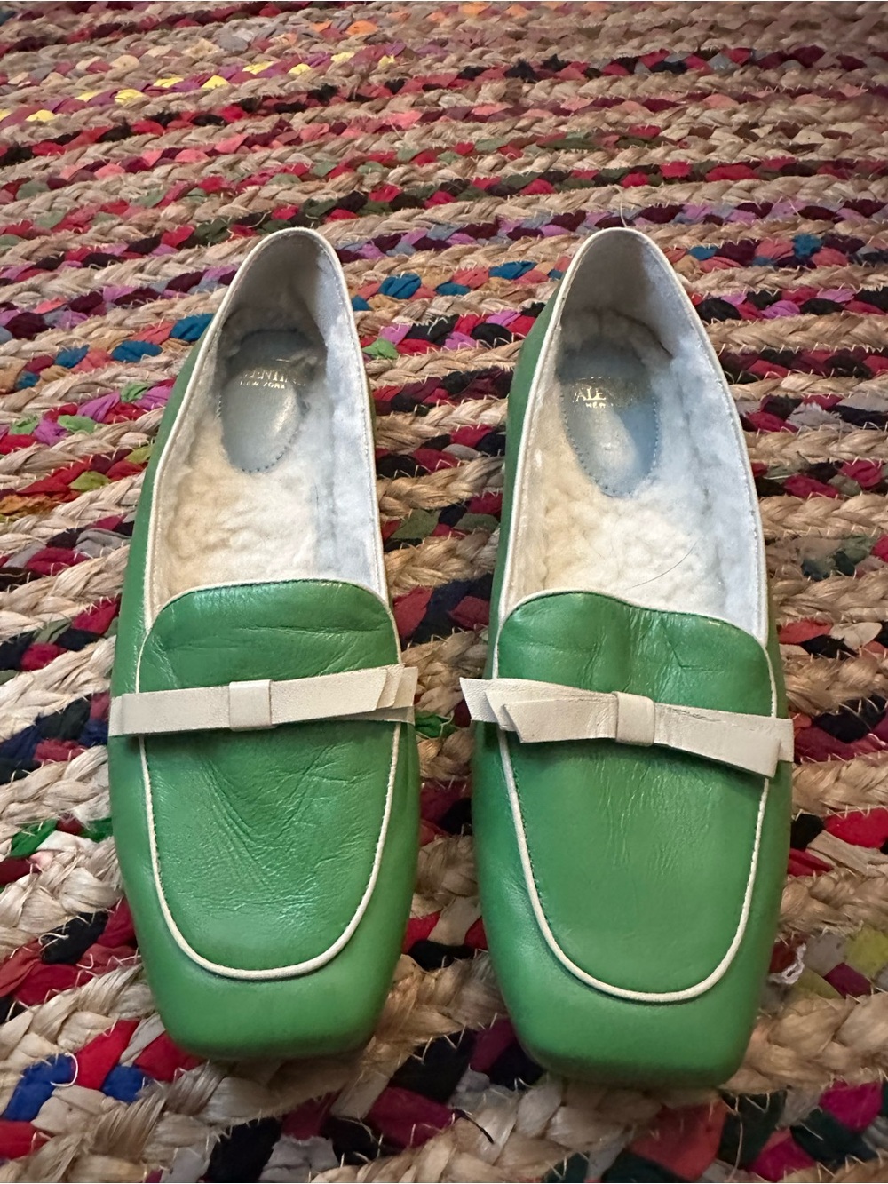 Frances Valentine Green Leather Bow Loafers with Cream Trim
